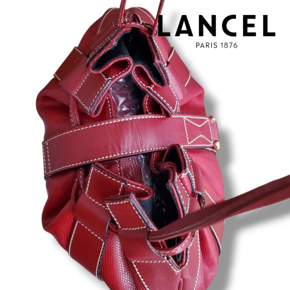 Lancel Paris Deep Red Leather Drawstring Bucket Bag Shoulder Purse Elsa Sellier - Picture 6 of 14